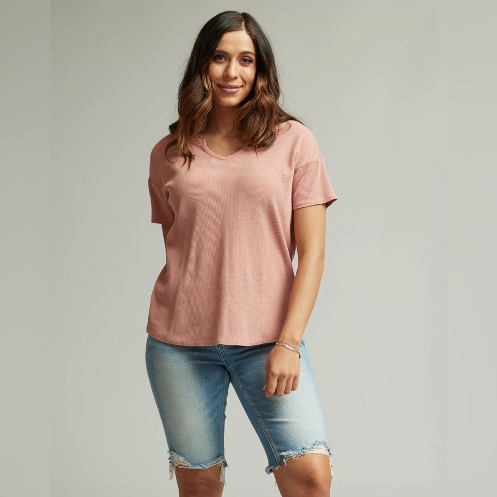 NWT Downeast Waffle Knit Tee flutter sleeves Sz Small light mauve fall winter
